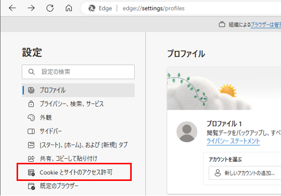 「Cookieとサイトのアクセス許可」の表示